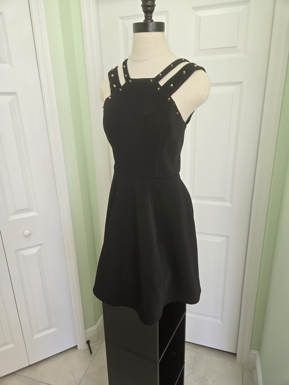 Y2K City Triangles Whimsigoth Grunge Black Mini Dress with Bronze Stud Straps 7
